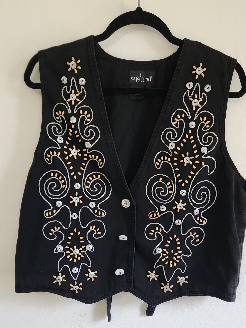 Western Boho Black Embroidered Button Front 100% Cotton Vest Size 10